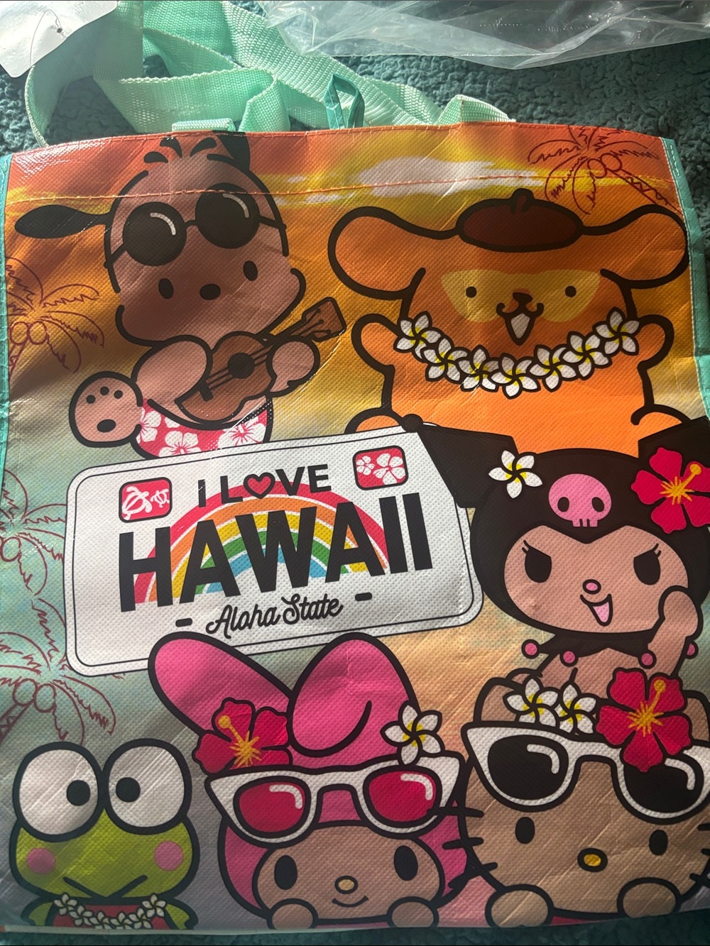 Hello Kitty Hawaii Tote Bag in Teal, Orange, Pink, Yellow, Green